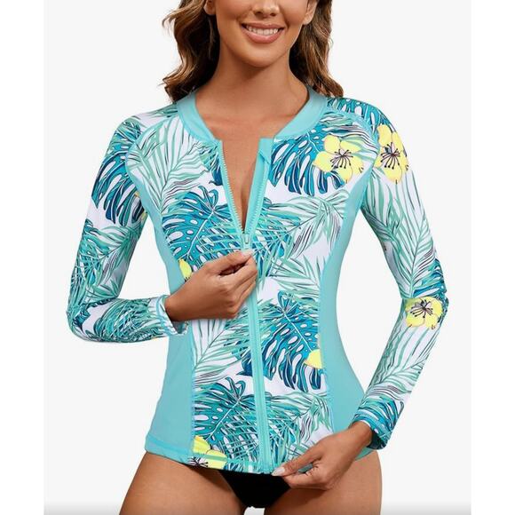 Rash Guard Sun Zip Up Shirt Long Sleeve Womens Large Aqua Blue UPF 50+ Sun Cover - Picture 1 of 15